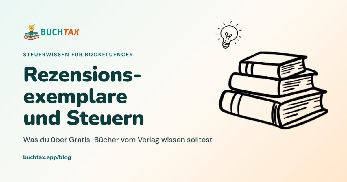 Titelbild mit dem Text Rezensionsexemplare und Steuern, daneben eine Illustration von Büchern